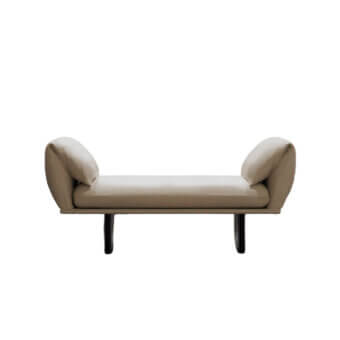 Refined Borzalino Connor Bench ottoman upholstered in fine leather with a light, floating effect from canaletto walnut sled bases