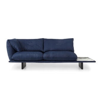Superior Borzalino Connor sofa with deep blue textile upholstery, channeled down feather quilting and solid oak legs