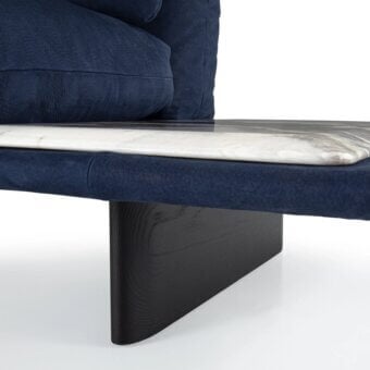 Exceptional Borzalino Connor sofa with deep navy velvet textile, cool grey-veined marble tabletop and solid canaletto walnut base crafted in Italy