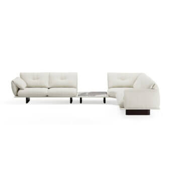 Superior Borzalino Connor sectional sofa with neutral beige textile upholstery and sleek dark-toned wood marble side table