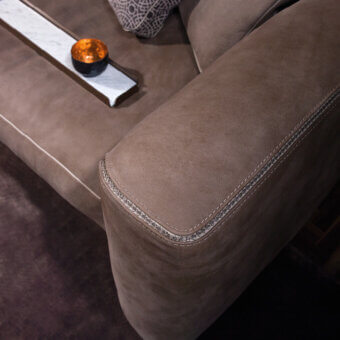 Superior Borzalino Franklin sofa with subtly textured matte brown textile upholstery and refined stitched detail