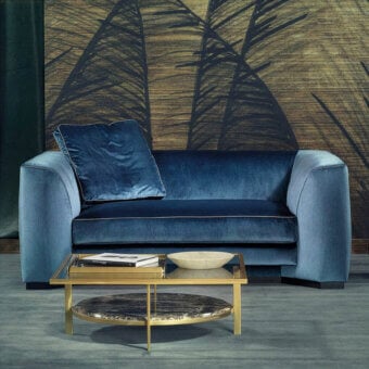 Exceptional Borzalino Franklin loveseat lounge crafted with sumptuous deep blue velvet and skilled tailoring details
