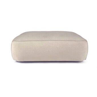 Superior Borzalino Franklin ottoman upholstered in neutral beige textile with channelled feather quilt and lacquered wood feet