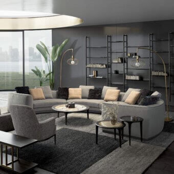 Lavish Borzalino Franklin U sectional upholstered in neutral gray textile with a dark matte metal base