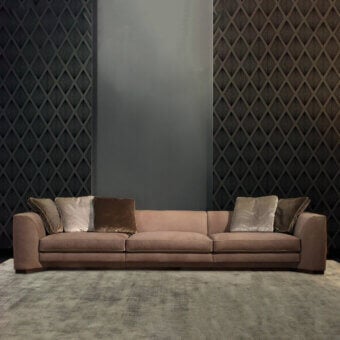 Distinguished Borzalino Franklin sofa upholstered in subtly textured matte dusty rose textile with deep cushioning and solid wood construction