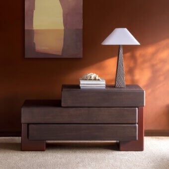 Exceptional Carpanese Home Brick D sideboard crafted in lacquered wood with reddish-brown finish and subtle ash wood grain