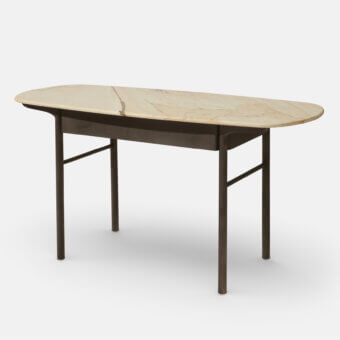 Superior Carpanese Home Delorean Light console with curved marble top and muted brown ash wood legs crafted in Italy