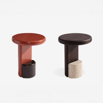 Elegant Carpanese Home Milestone side table with dark brown lacquered wood and light beige textured marble base