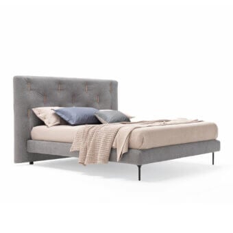 Elegant Dallagnese Bars bed with vertically tufted headboard upholstered in medium gray fabric or eco-leather and dark metal legs
