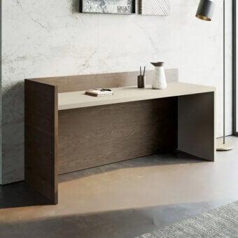 Architectural Dallagnese Modula desk with wood construction and matte taupe finish offers a minimalist workspace
