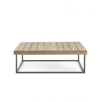 Refined Ethimo Allaperto coffee table crafted in Italy with light beige-grey slatted wood and a dark matte metal base