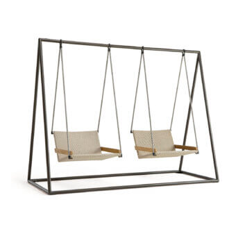 Distinguished Ethimo Allaperto free-standing double swing with dark gray metal frame and woven beige seats built in light-toned wood