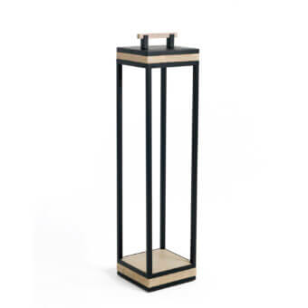 Architectural Ethimo Carrè XL floor lamp with black matte metal and light-toned wood, emitting warm light through wood slats