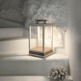 Superior Ethimo Carrè table lamp with a sleek metal frame and warm wood featuring a satin finish