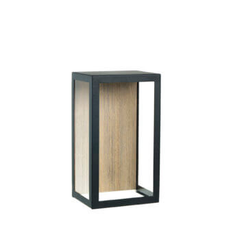 Elegant Ethimo Carrè wall lamp crafted in dark gray textured metal with light brown wood slats for ambient illumination