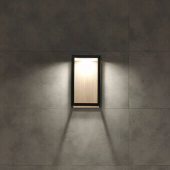 Exceptional Ethimo Carrè wall lamp crafted in dark matte metal with a textured light-colored wood-like central panel and diffused glow