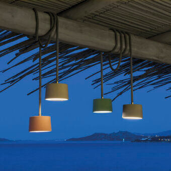 Distinguished Ethimo Gaia suspension lamp with a muted green textile lampshade and natural unwired rope crafted in Italy