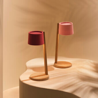 Distinguished Ethimo Gaia table lamp with satin wood frame and dusty rose textured textile shade