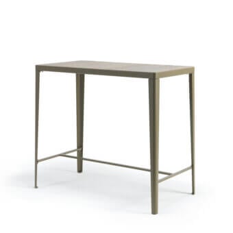 Distinguished Ethimo Laren bar table built with clean metal lines and warm teak slats in a muted olive green finish