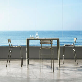Distinctive Ethimo Laren stool with a sleek grayish-green metal frame and slatted back built in Italy with a matte finish