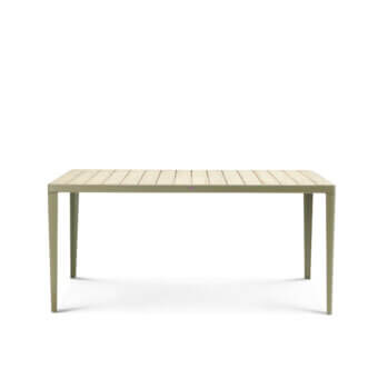Superior Ethimo Laren table crafted with olive-green metal frame and rhythmic teak slat tabletop embodies contemporary design