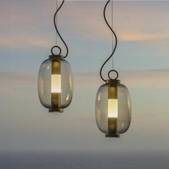 Elegant Ethimo Lucerna suspension lamp crafted in muted gray-brown glass with a refined satin metal finish