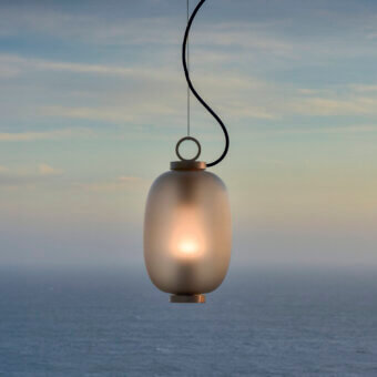Distinguished Ethimo Lucerna suspension lamp crafted in golden metal with a delicate frosted glass diffuser for outdoor spaces