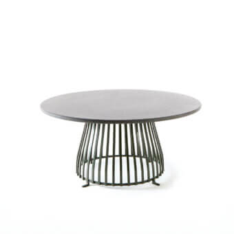 Superior Ethimo Venexia coffee table with a speckled gray composite tabletop and dark gray matte aluminum slats