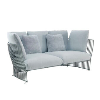 Exceptional Ethimo Venexia sofa crafted with matte aluminum and light blue textile upholstery offering a curved silhouette
