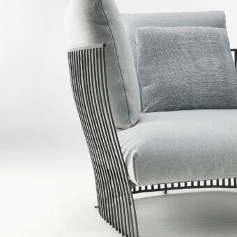 Exceptional Ethimo Venexia sofa crafted in Italy with a muted gray aluminum frame and coordinating gray textile cushions