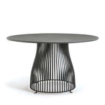 Distinguished Ethimo Venexia table crafted in Italy with matte black aluminum slats and smooth enamelled lava stone tabletop