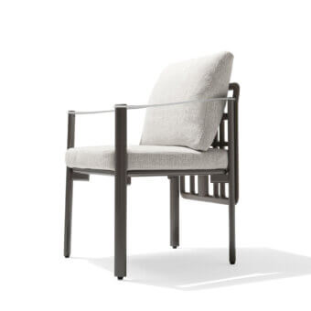 Superior Giorgetti Aldìa armchair with a sleek metal frame and sculptural birch plywood details upholstered in light gray waterproof fabric