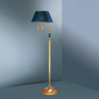 Superior Laudarte Angelo floor lamp crafted in bronze with 24K ancient gold plating and a dark blue pleated lampshade