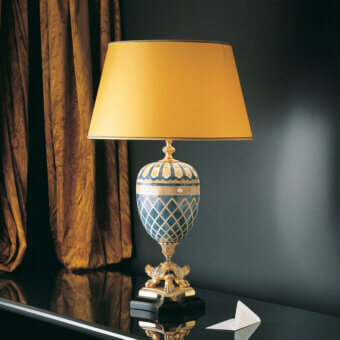 Exquisite Laudarte Hottonia table lamp with radiant 24K gold plated bronze castings and stone mosaic in blue and gold hues