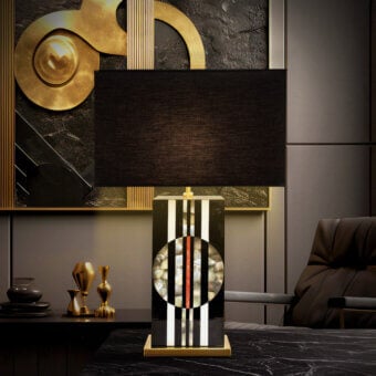 Distinguished Laudarte Rock Table Lamp crafted in brass with hand-assembled stone and mother of pearl in a matte finish