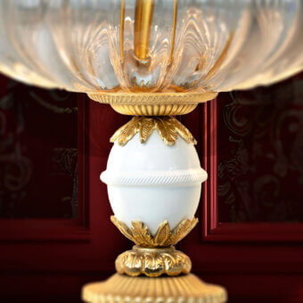 Exquisite Laudarte Temi table lamp crafted with bronze, 24K ancient gold plating, sculpted marble and ribbed Murano glass