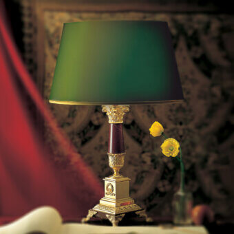 Lavish Laudarte Vesta table lamp with bronze structure, dark marble column and deep green textile lampshade crafted with 24K ancient gold plating
