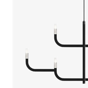 Distinctive Luceplan J-Us chandelier crafted in layered materials with a matte black finish and translucent white cylinders