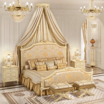 Lavish Modenese Golden Radiance bed crafted in cream and gold damask fabric with glossy golden wood finish and ornate sculpted legs