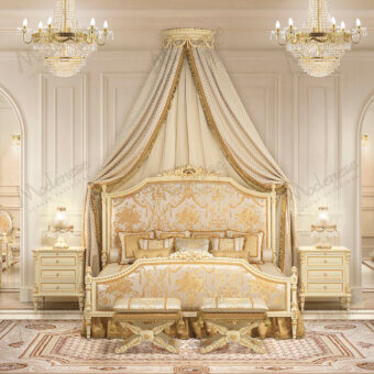 Superior Modenese Golden Radiance bed crafted in cream and gold damask fabric with glossy gold finish evoking timeless elegance