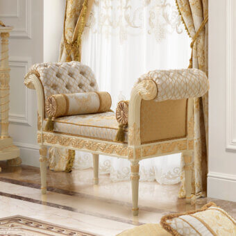 Superior Modenese Golden Radiance bench crafted with carved wood and gold accents in a glossy cream finish