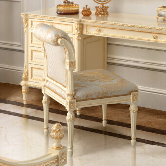 Exquisite Modenese Golden Radiance chair upholstered in pale blue fabric with gold patterns and soft ivory finished wooden frame