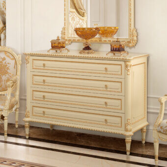 Lavish Modenese Golden Radiance dresser crafted in Italy with curved lines and gold detailing in a glossy cream coating