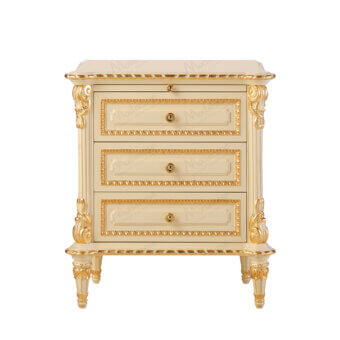 Lavish Modenese Golden Radiance nightstand crafted in wood with lustrous cream coating and ornate gold detailing
