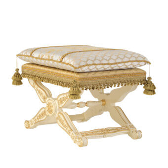 Exquisite Modenese Golden Radiance ottoman crafted with sumptuous cream and gold damask fabric upholstery and ornate carved detailing