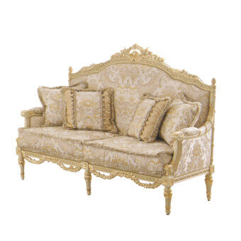 Distinguished Modenese Imperial Majesty sofa upholstered in lavish damask fabric with ivory wood and gold leaf details