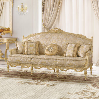 Lavish Modenese Imperial Majesty sofa upholstered in patterned damask textile with ivory wood and gold leaf accents
