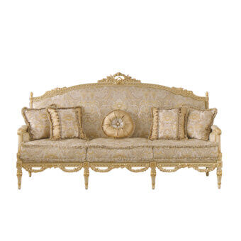 Exquisite Modenese Imperial Majesty sofa upholstered in luminous beige and gold damask with hand-carved ivory wood frame and gold leaf finish