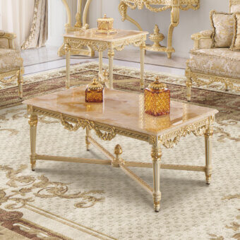 Exquisite Modenese Imperial Majesty coffee table with Honey Onyx top and gold-leaf decorated, carved wooden base in satin and glossy finish