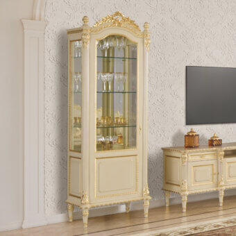 Exquisite Modenese Imperial Majesty cupboard with ivory finish and delicate gold leaf accents displays a glass door and floral motifs